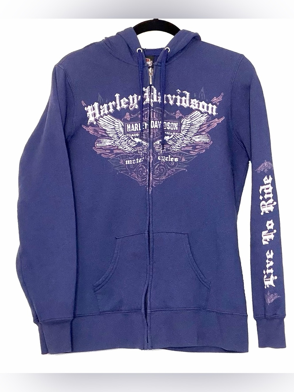 Y2K Harley-Davidson Purple/Navy Winged Logo Zip Hoodie